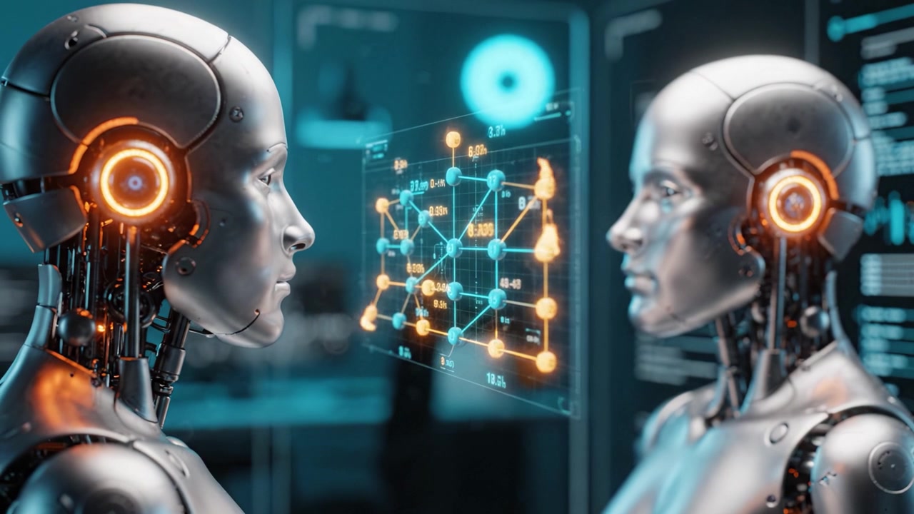 Futuristic Robots Analyzing Data Visualization in a High-Tech Environment Showcasing Advanced Artificial Intelligence and Connectivity in Robotics