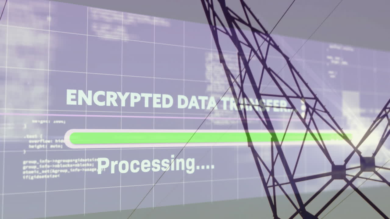 Encrypted data transfer overlay showing over rural horizon, projecting CSS code with green bar