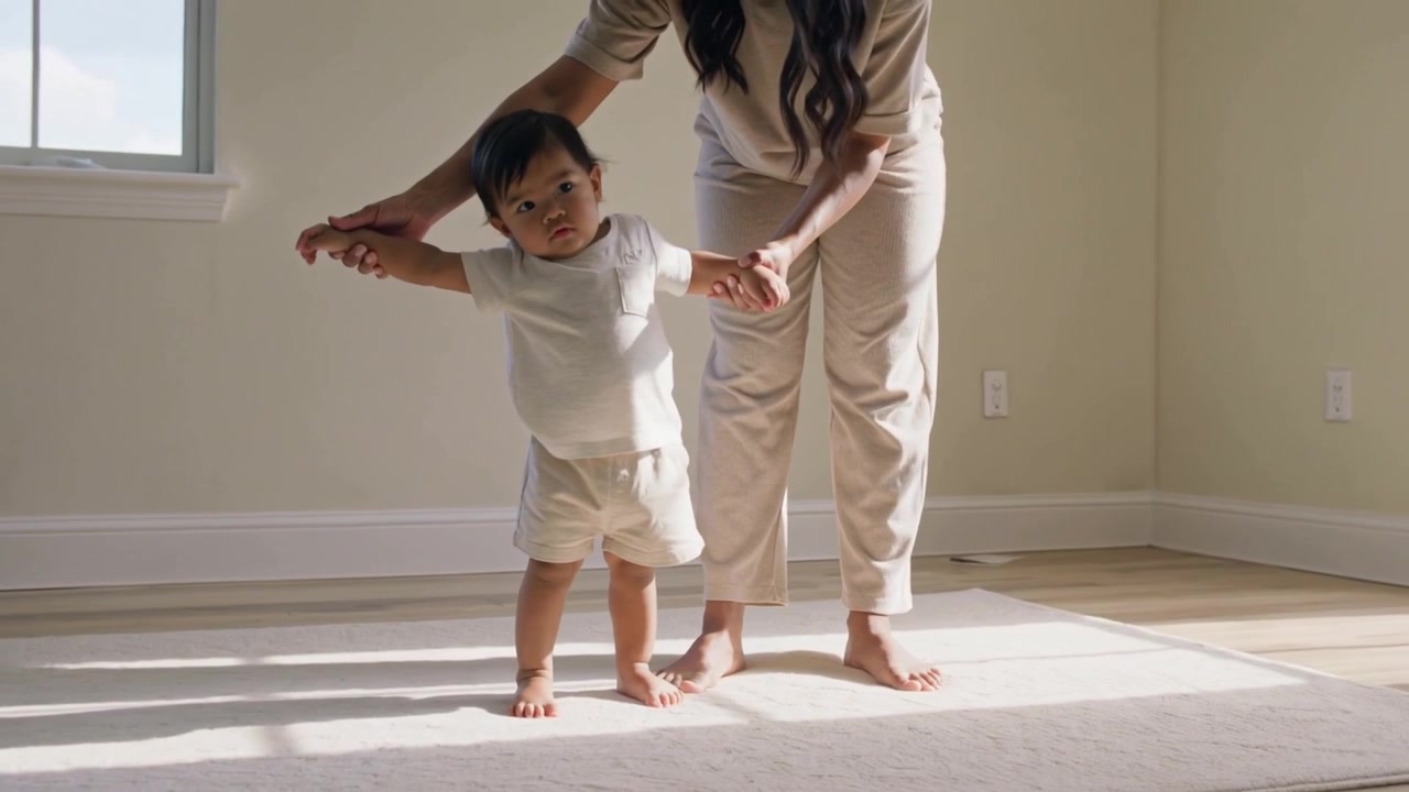 Offering hands, parent supporting toddler learning to stand in living room, with sunlight on rug