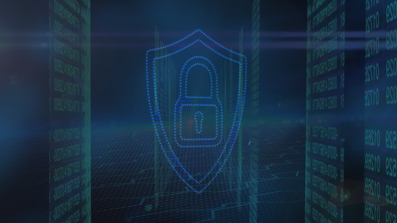 Animation of data and digital padlock in shield on black background