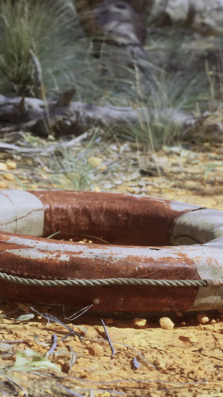 Lifebuoy resting on the dry ground in an arid landscape during daytime