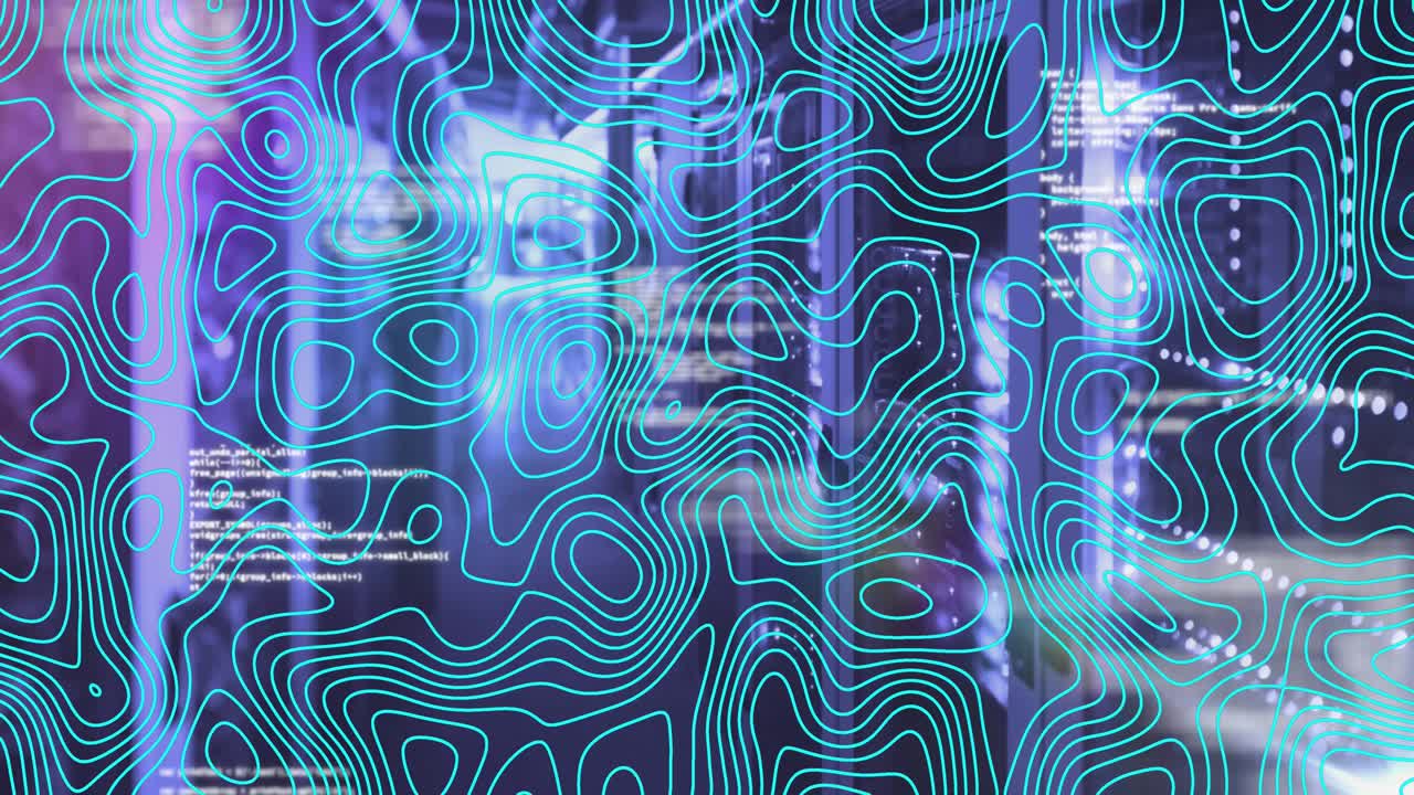 Animation of data processing over shapes and server room