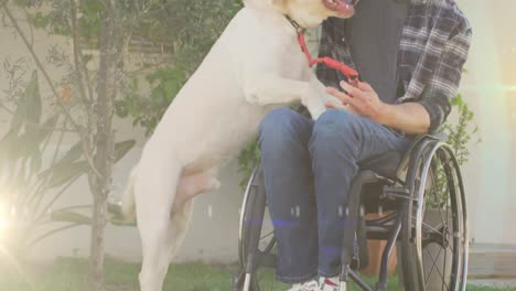 punto de luz contra el hombre discapacitado caucásico en silla de ruedas jugando con su perro