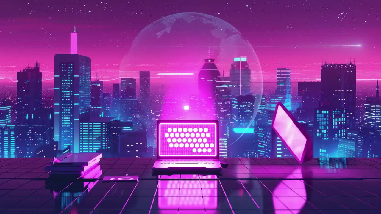 Futuristic cityscape with neon pink and blue hues. Low-angle view of a glowing laptop and tablet