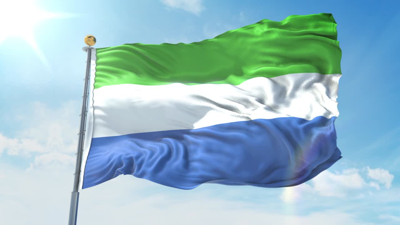 시에라리온의 발이 깊은 파란 하늘을 배경으로 바람에 흔들립니다. 국가 테마, 국제 개념. 3d 렌더리 원활한 루프 4k