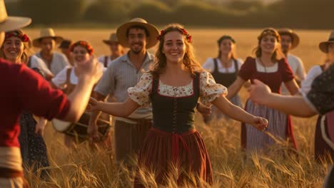 joyful celebration in a golden wheat field as people dance and sing together with heartfelt laughter and traditional costumes under the warm sunlight