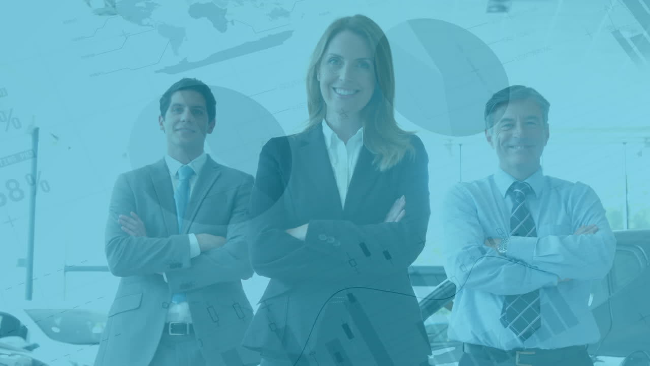 animación de estadísticas y procesamiento de datos sobre tres personas caucásicas cruzando los brazos