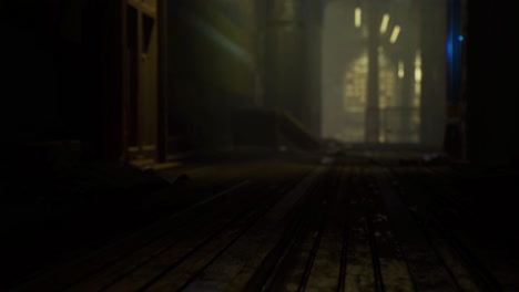 abandoned interior of a dark room with scattered debris in a forgotten building