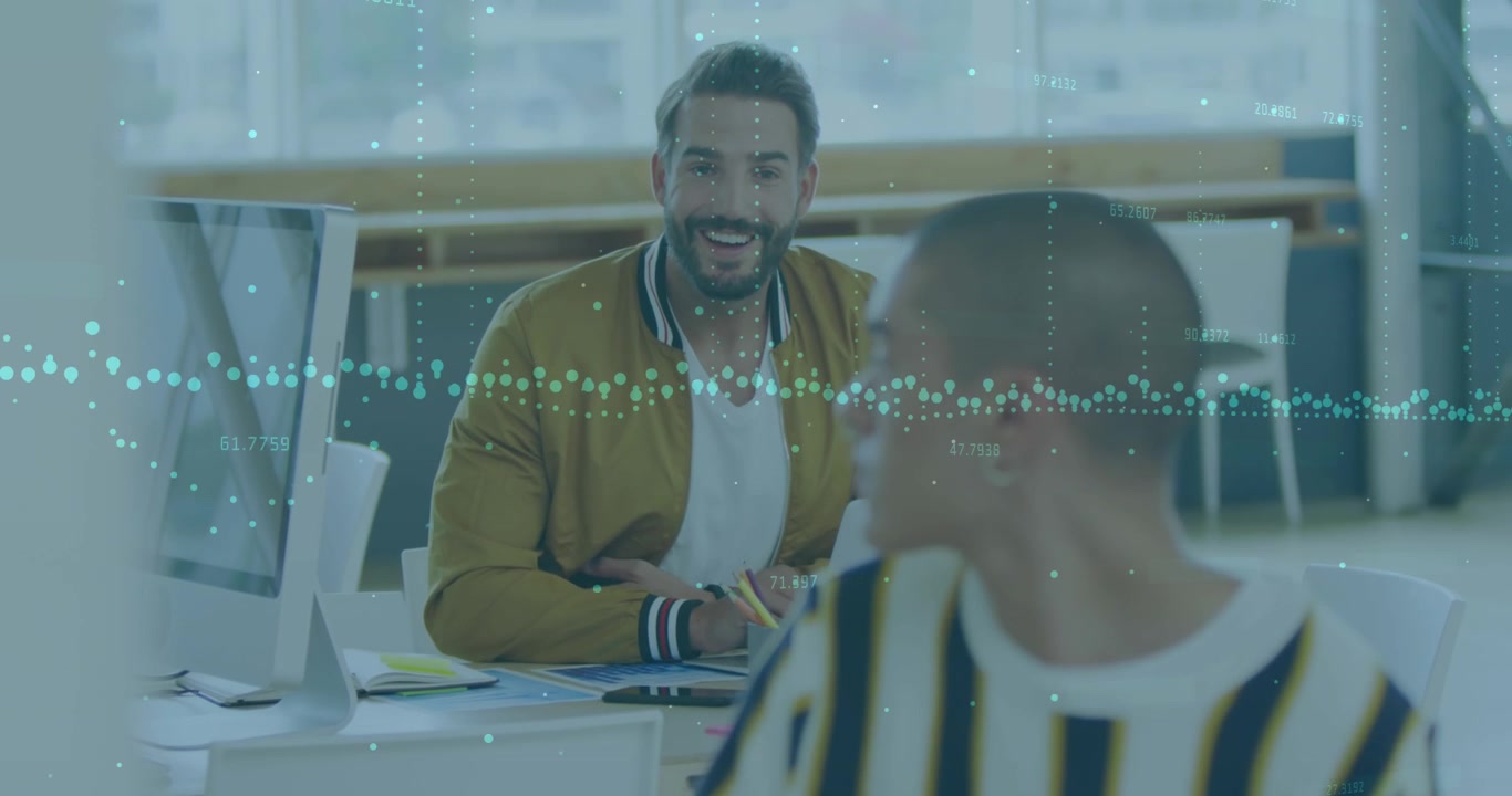 Animation of financial data processing over business people working in office