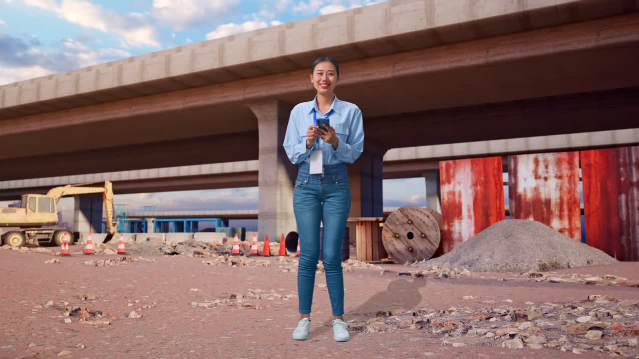 Full Body Side View Of Asian Female With Her Laptop At The Site of Highway Construction, Typing On Her Laptop'S Keybaord With Meditation