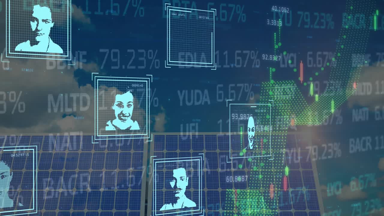animación de paneles solares y iconos de personas sobre el procesamiento de datos