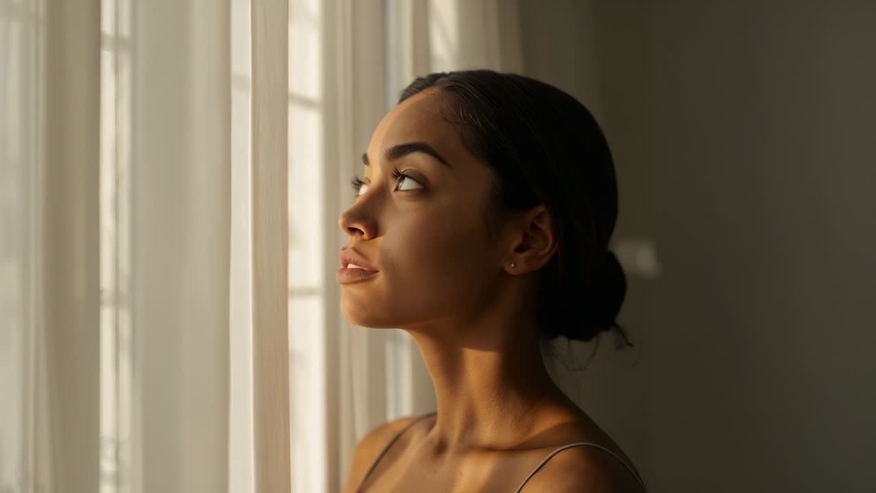 Standing woman by sheer curtain, sunlight falling on face lifting gaze upward camisole stud earring