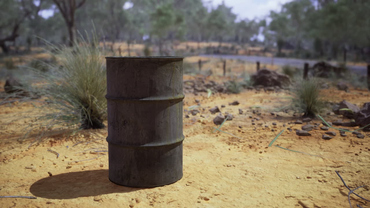 Rusty barrel standing alone in an arid landscape during daylight hours