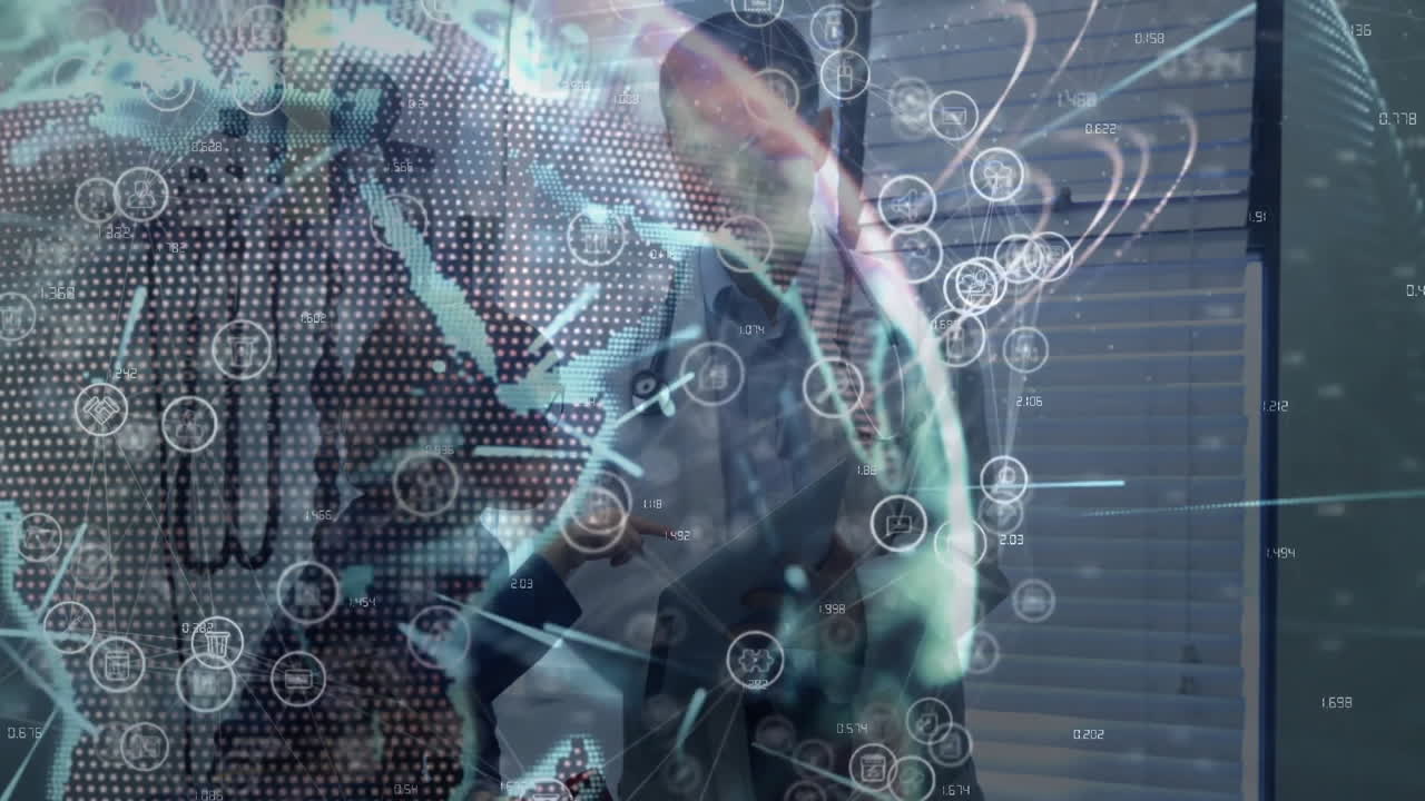 Doctor wearing medical coat with stethoscope presenting tablet, boy viewing holographic medical map