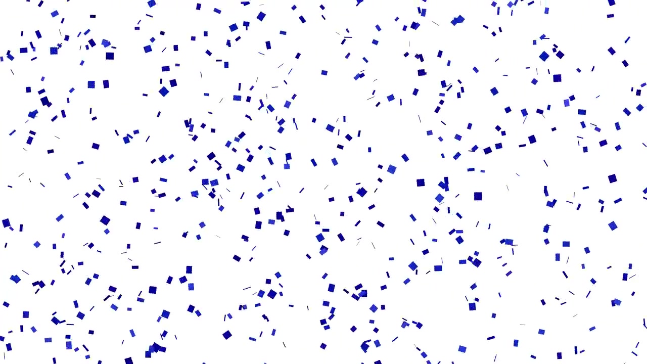 Pezzi di coriandoli quadrati blu cadono e volteggiano su uno sfondo bianco pulito al rallentatore