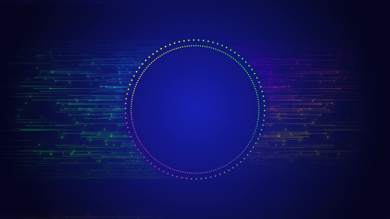 Rainbow digital pulse ring visual colorful dotted circle glowing blue core rapid side streaks audio