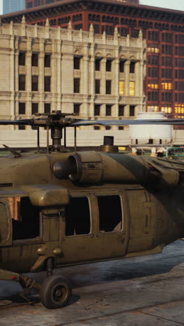 black hawk helicopter landing in urban environment