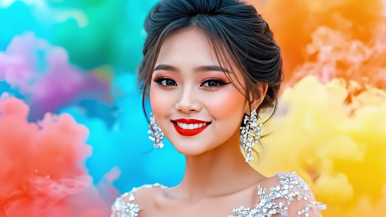 A woman in a white dress with red lipstick and earrings