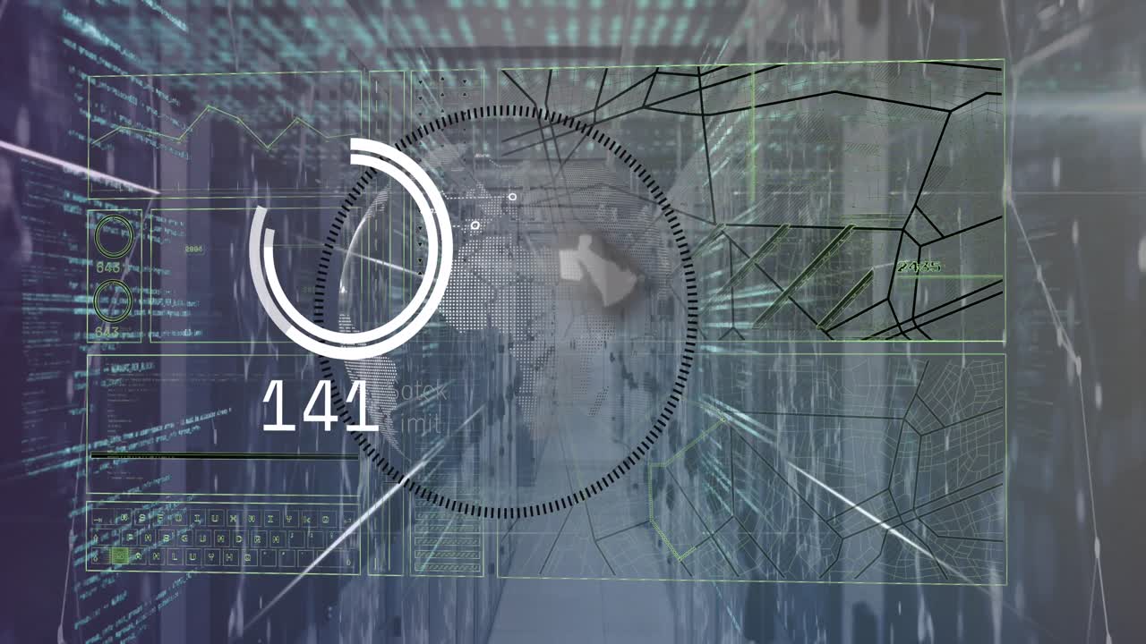 animación de la interfaz con procesamiento de datos sobre el globo giratorio contra la sala de servidores de la computadora.