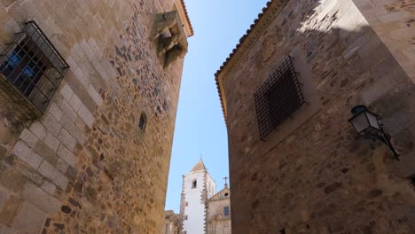 San-Francisco-Javier-Church-through-Old-walls-of-Caceres,-Spain