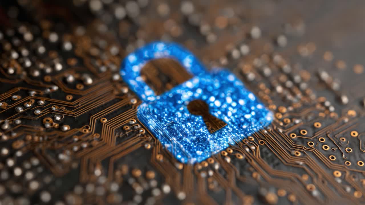 Digital Security Concept: A Close-Up Exploration of a Glowing Blue Lock Symbol on an Intricate Circuit Board, Representing Cybersecurity and Data Protection
