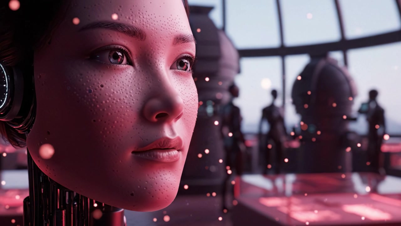 A futuristic close-up of a robotic humanoid figure, showcasing advanced artificial intelligence technology in a high-tech environment filled with glowing particles.