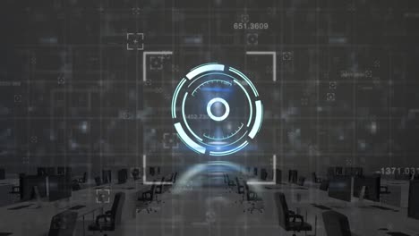 animación del procesamiento de datos y escaneo de alcance sobre la oficina
