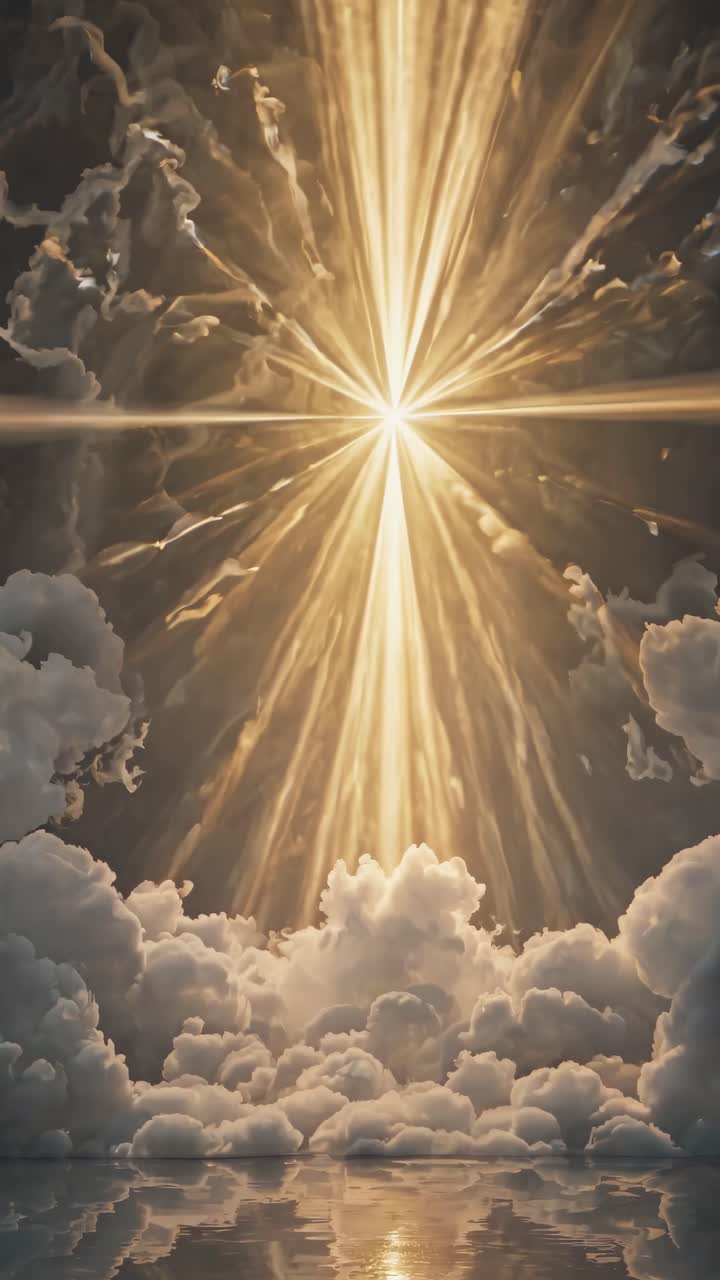 A celestial video scene with a low-angle view of radiant golden light beams piercing