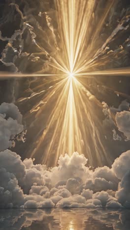a celestial video scene with a low-angle view of radiant golden light beams piercing