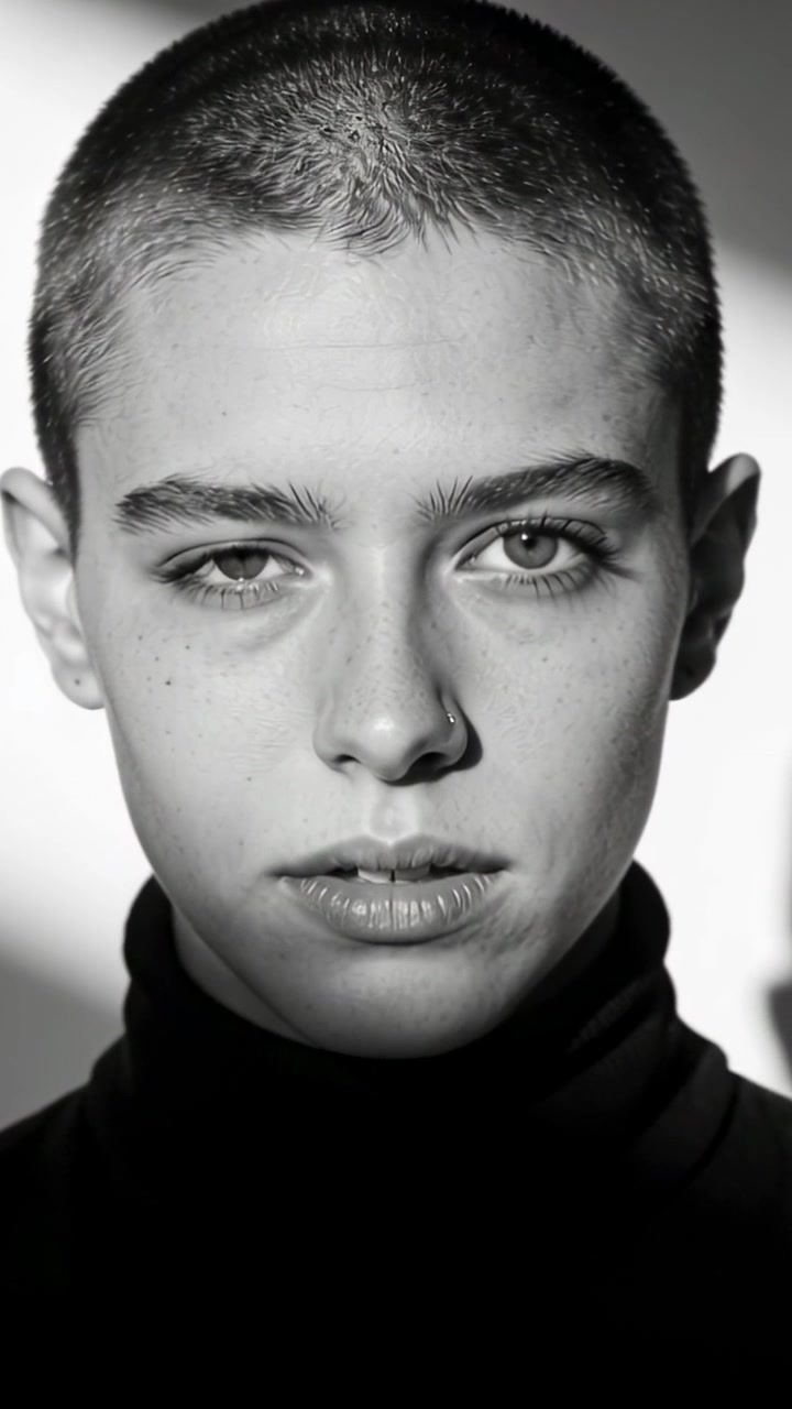 Vertical video: Winking model posing and shifting to steady gaze in studio, wearing dark turtleneck