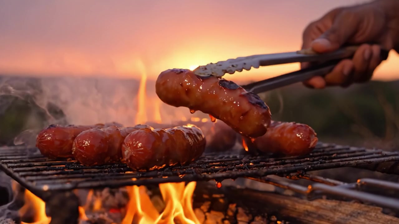 Grigliare salsicce perfette su una fiamma viva al tramonto, catturando lo sfrigolio e il fumo in un ambiente esterno caldo e invitante.