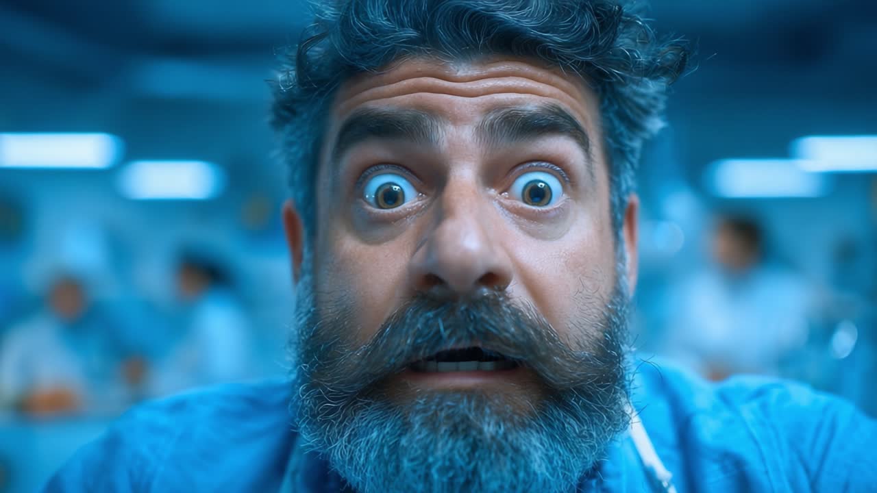 A startled expression captured in a clinical setting, showcasing shock, disbelief, and surprise in a professional atmosphere filled with activity and bright lighting