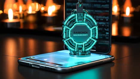 smartphone displaying a futuristic holographic chip during a tech event
