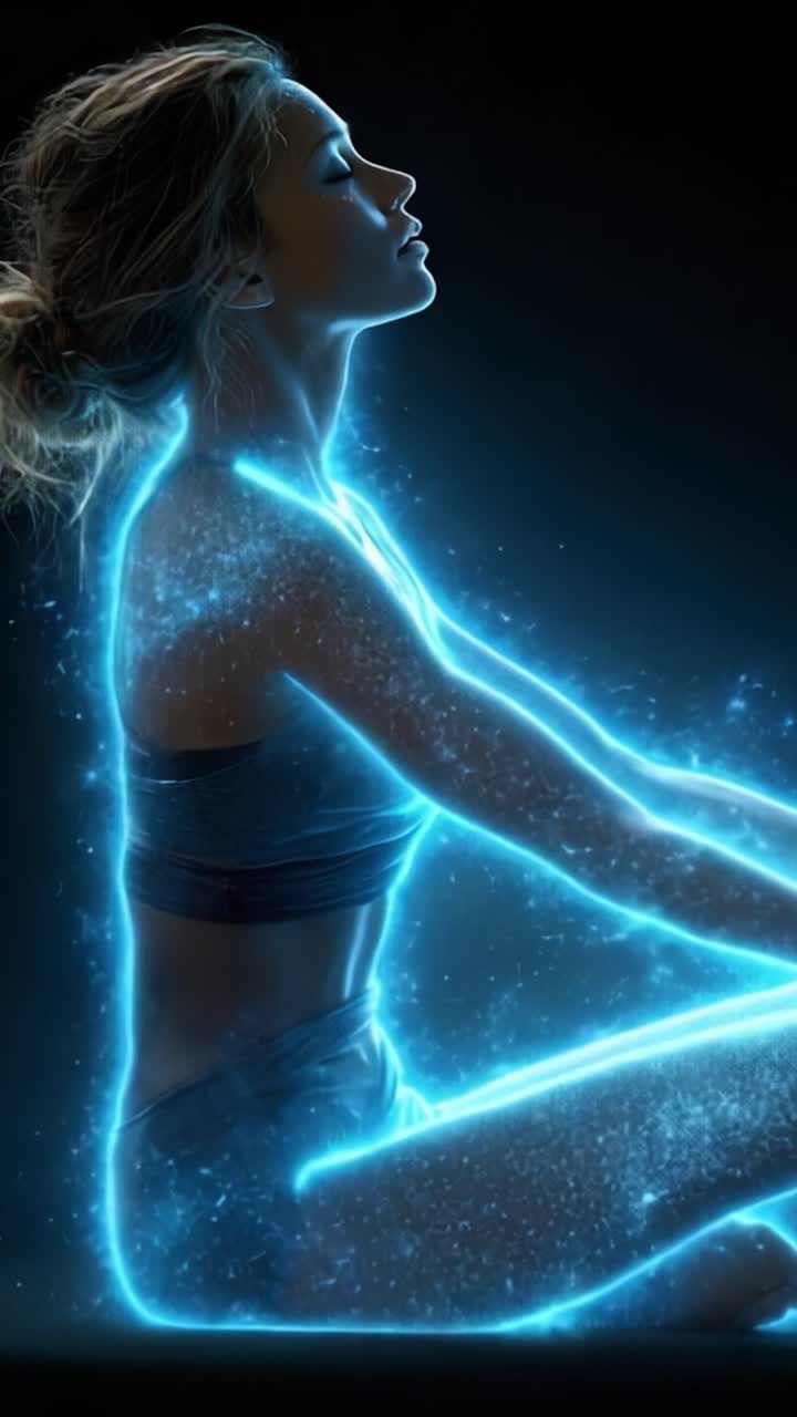 A mesmerizing display of motion and light as a figure sits in tranquil contemplation, surrounded by an enchanting aura of shimmering blue energy, embodying ethereal grace