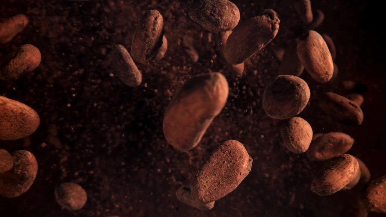 Granos de cacao cayendo a cámara lenta con polvo fino