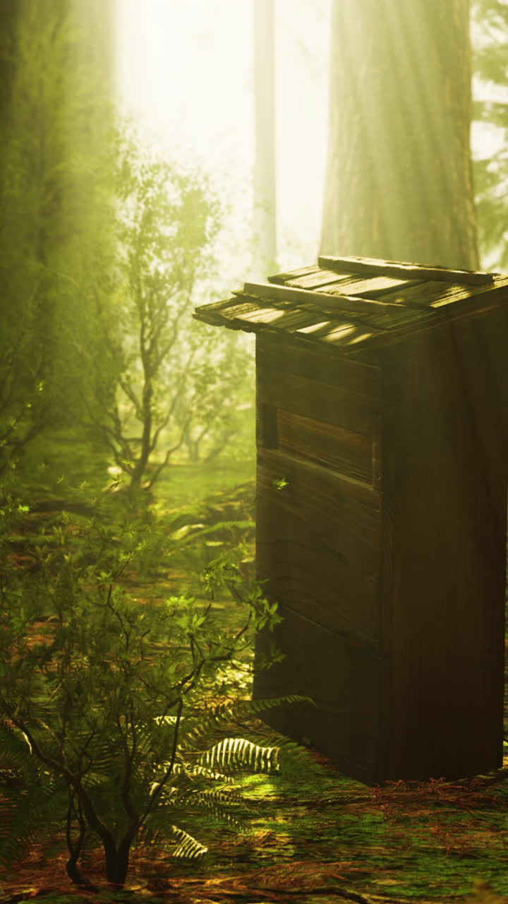 una cabaña de madera se encuentra en un bosque lleno de niebla