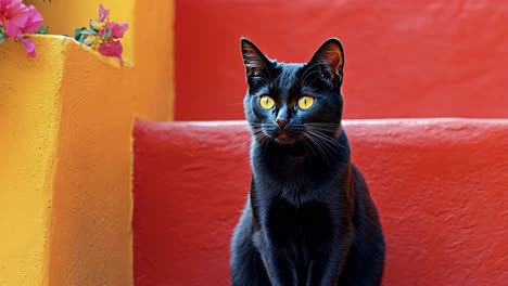 a black cat is sitting on a red staircase. the cat is looking up at the camera. the scene is bright and colorful, with a yellow wall in the background