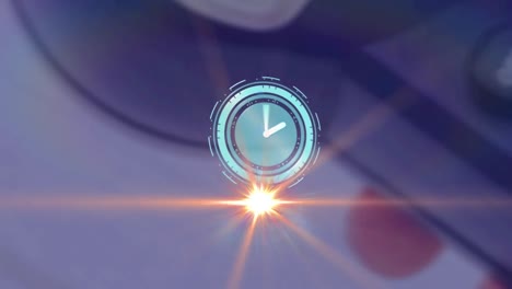 Animation-of-rotating-safe-lock-with-clock-over-light-trail-on-blurred-background