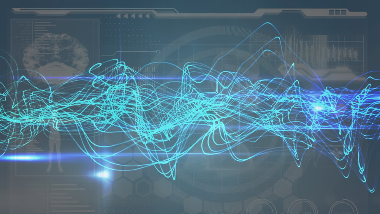 анимация волн и разнообразных данных на сером цифровом экране