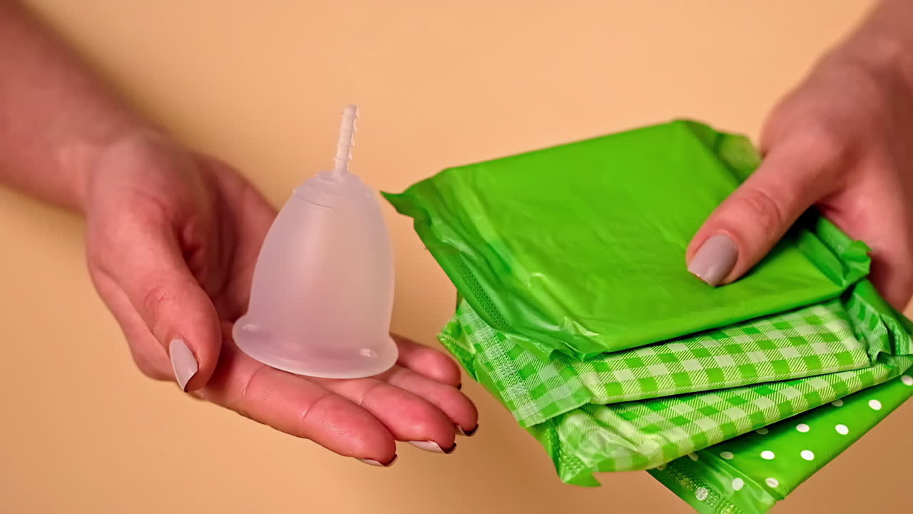Woman hands thrown sanitary napkin in camera while choosing between it and menstrual cup
