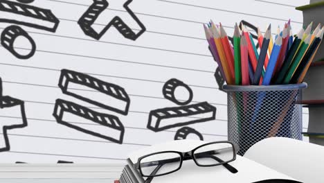 equipos escolares múltiples contra símbolos matemáticos en papel con líneas blancas