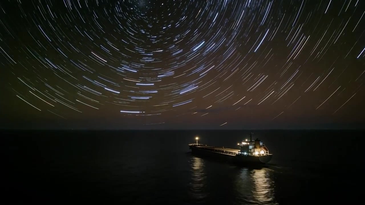 Time-lapse starting, cargo ship drifting right at sea with star trails and mast light, copy space