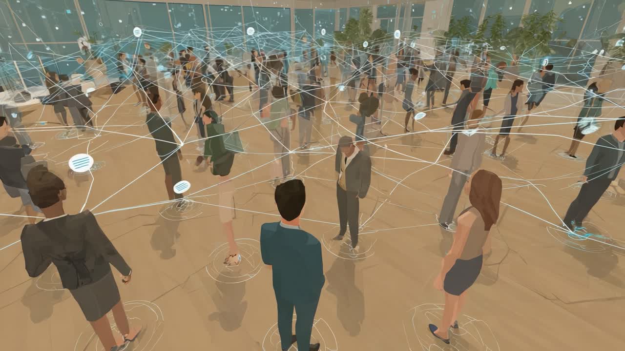 A Dynamic Networking Event Visualization Where Participants Engage in Meaningful Connections Amidst a Vibrant Environment of Communication Flow, Signifying Interaction and Collaboration Among Attendees