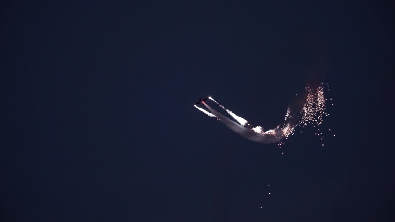 Acrobatic airshow in the night with adrenaline driven fireworks and pyrotechnic effects performance