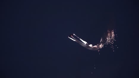acrobatic airshow in the night with adrenaline driven fireworks and pyrotechnic effects performance