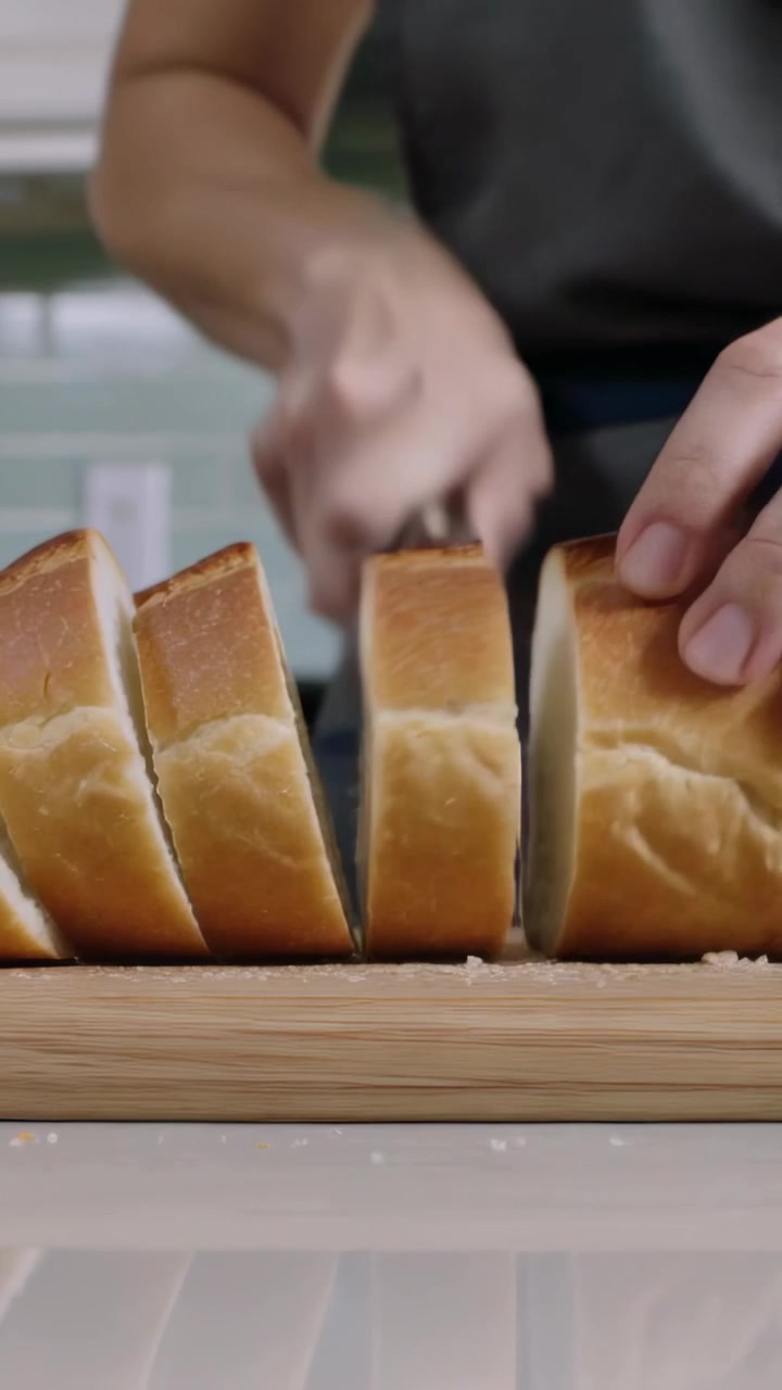 Vertical video: Starting sliced loaf, hands slicing bread on counter with knife, making meal, apron
