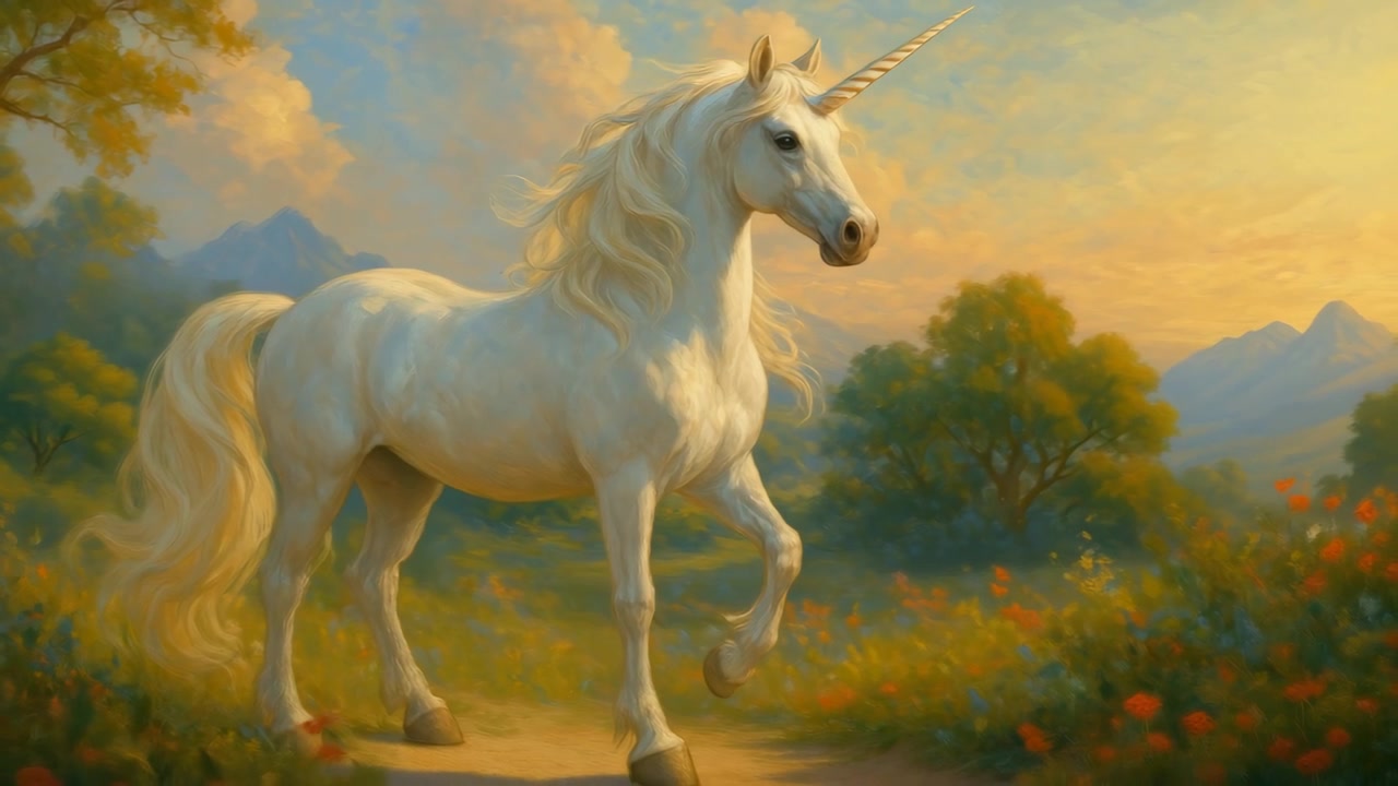 Maestoso unicorno bianco che si erge in un prato dorato incantato