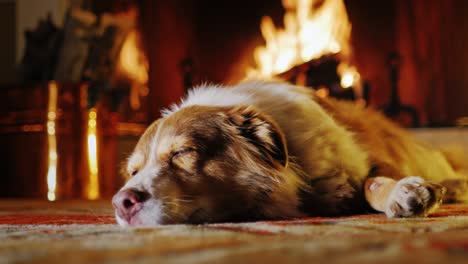 el perro se encuentra en el fondo de una chimenea con leña y cubos. comodidad y comodidad, hogar cálido