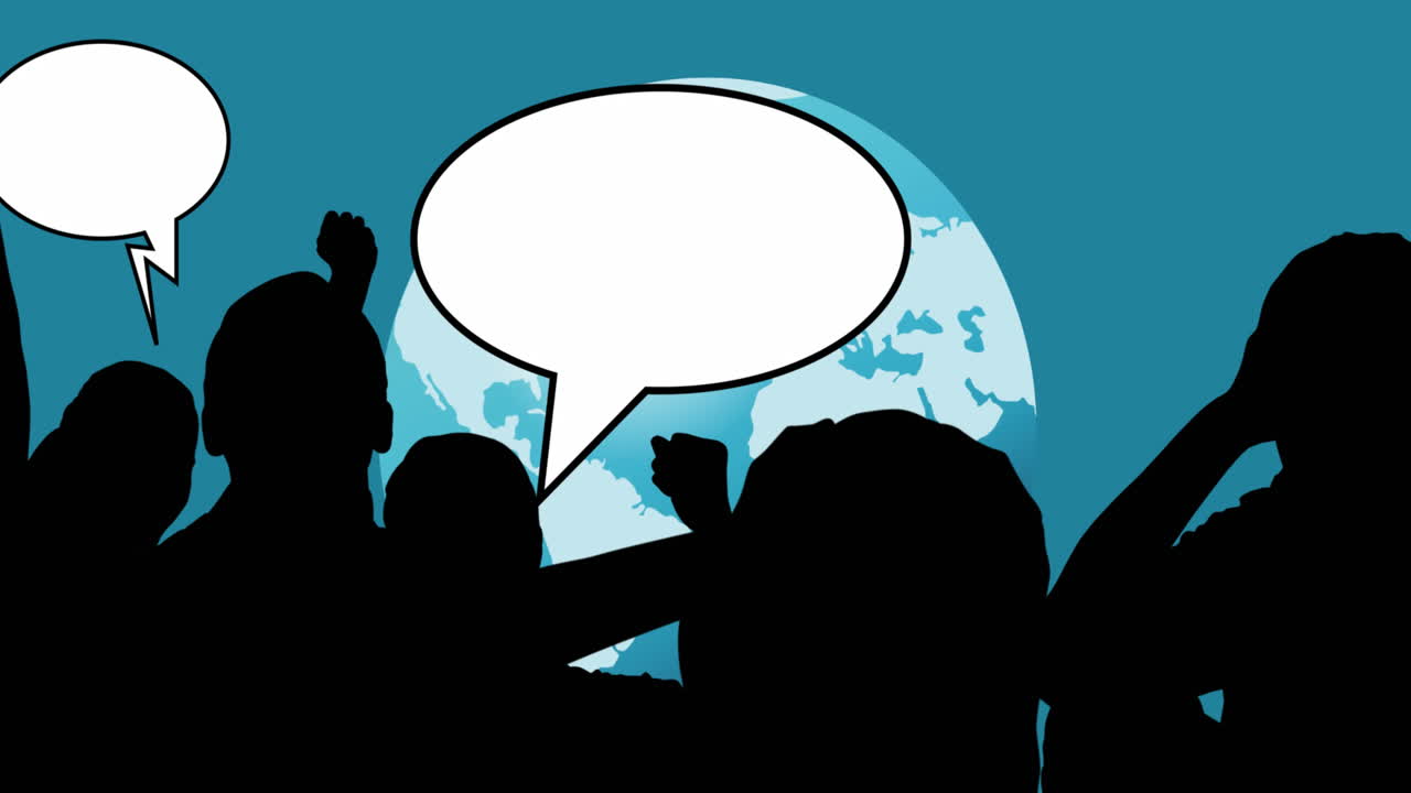 파란색 배경에 전 세계에 음성 거품과 함께 사람들의 실루의 애니메이션