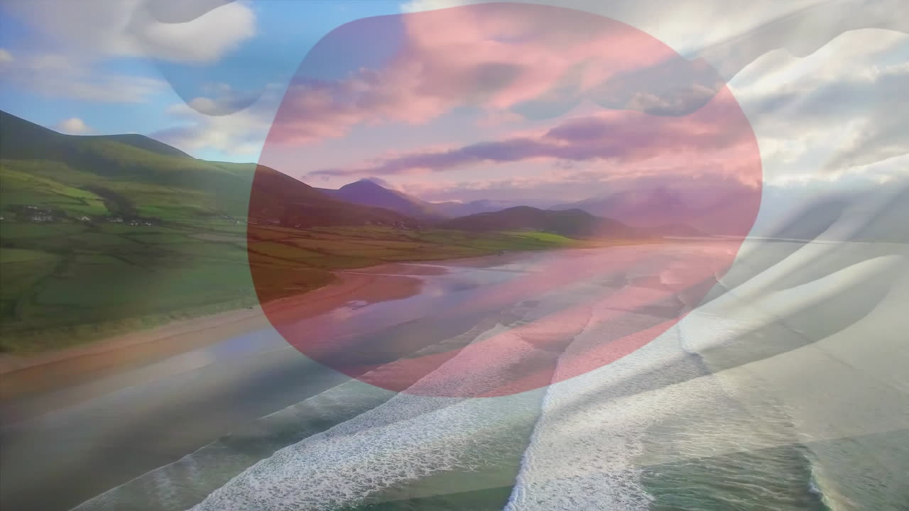 일본 국기가 바다 풍경 위에서 날아다니는 애니메이션